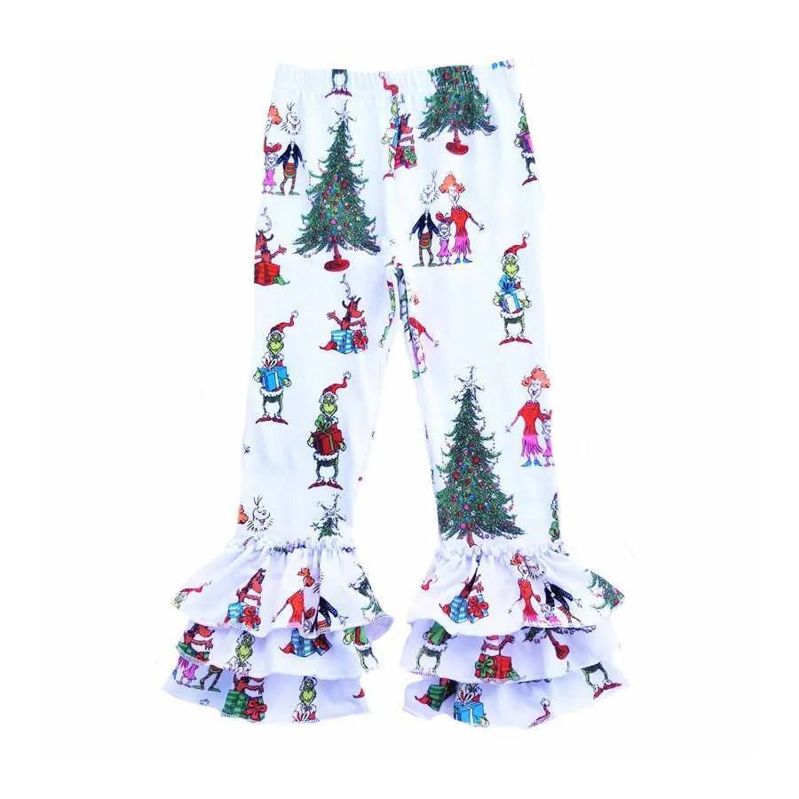 Girls Christmas Leggings Toddler Bell Bottoms Icing Ruffle Pants Grinch Printed Dress Kids Holiday Clothes 211018