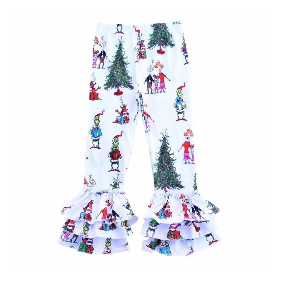 Leggings natalizi ragazze Pantaloni a campana bambini Pantaloni con volant di glassa Vestito stampato Grinch Abbigliamento bambini 211018