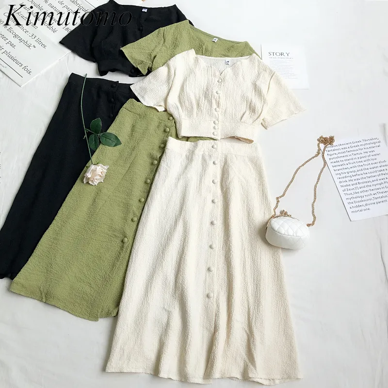 Kimutomo Summer Suit Women Stylish V-neck Short-sleeved Short Top + High Waist Thin Single Button Skirt Two Piece Sets 210521