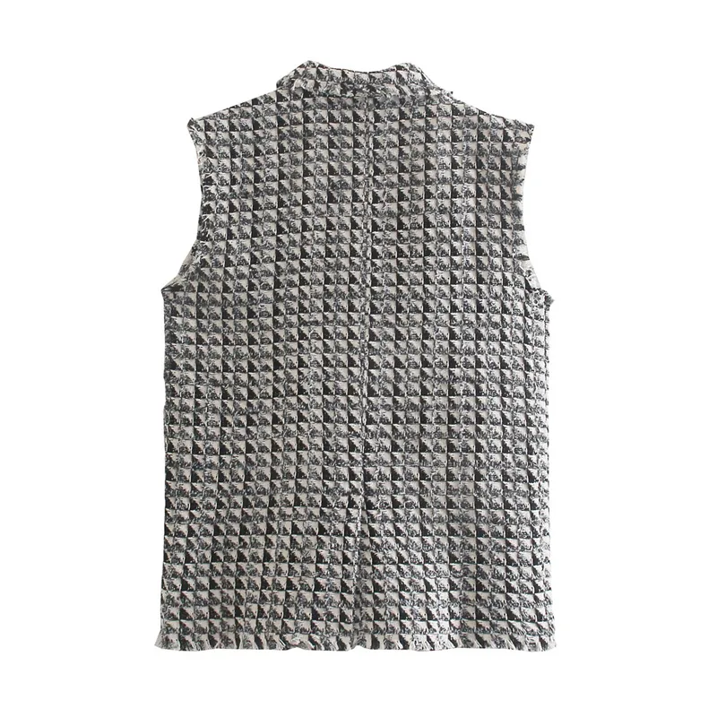 Houndstooth Tweed Vest Kvinnor Casual Tassels Pullover Vintage Ärmlös Dubbel Breasted Lapel Female Waistcoat Toppar 210430