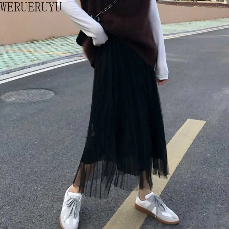 WERUERUYU mode jupe longue Stretch taille haute couleur unie ample grande taille all-match jupes plissées femme vêtements 210608