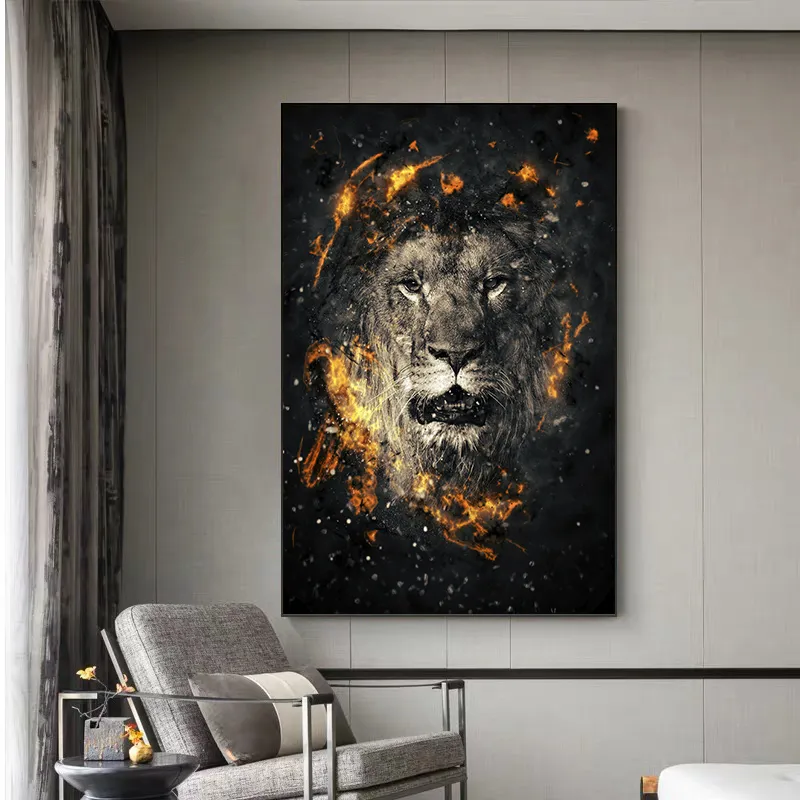 Moderne abstrakte Flamme Löwe Tier Kunst Poster und Drucke Leinwand Gemälde Wand Kunst Bilder für Wohnzimmer Home Dekoration Cuadro8274039