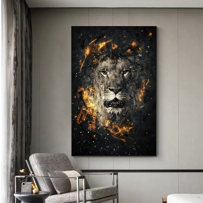 Pósteres e impresiones artísticos de animales de león de llama abstracta moderna, pinturas en lienzo, imágenes artísticas de pared para sala de estar, decoración del hogar, Cuadro8274039