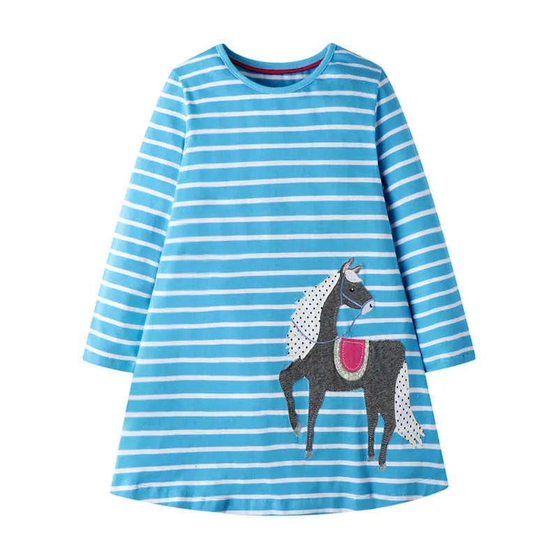 3-8T Girl Dress Brand Kids Clothes Knitted cotton embroidery horse Clothing baby girls long sleeve unicorn for Christmas 210529