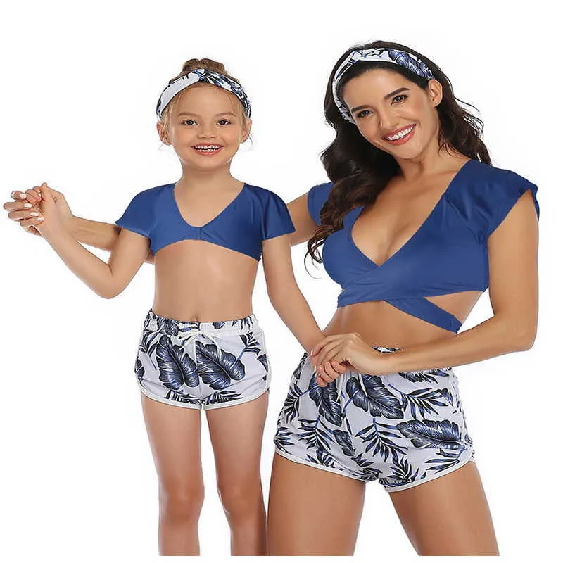 Zomer familie matching badpak 2-pcs sets effen kleur bikini + hoge taille floral zwembroek moeder dochter e 210610