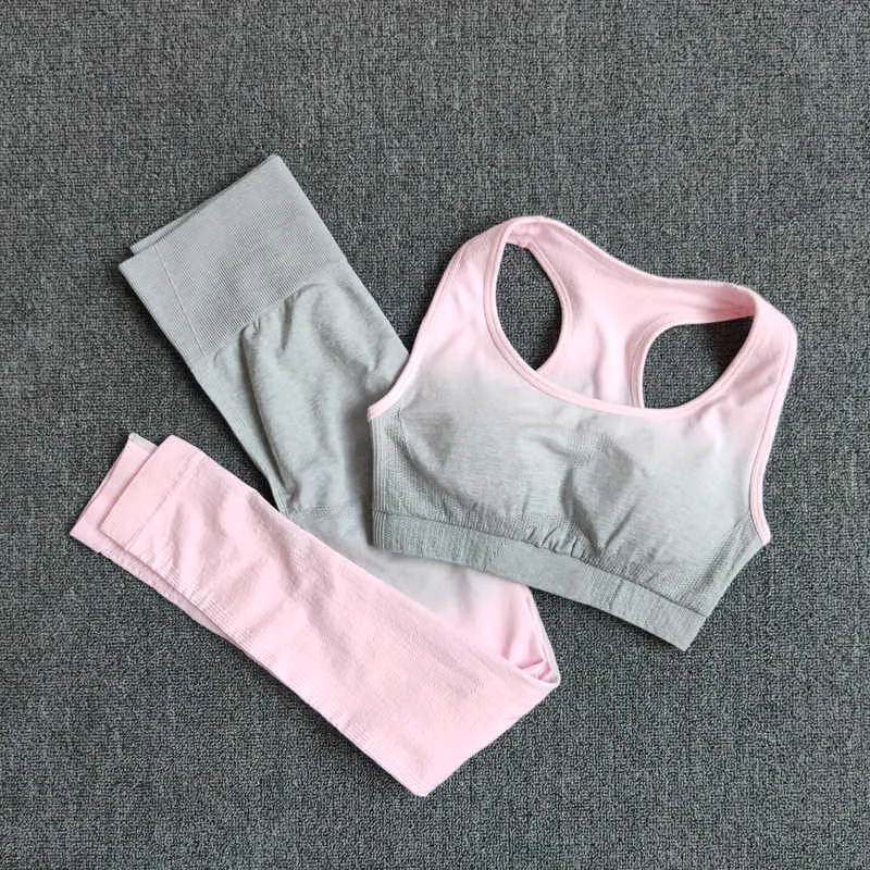 Ombre Yoga Set Sport Bra Och Leggings Kvinnor Gym Kläder Seamless Workout Fitness Wear Suit Wear 210802