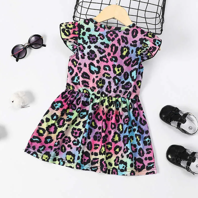 Fashion Baby Girls Summer Dress Leopard Toddler Boutique Outfit Clothes for Children Lovely Rainbow Colored Sundress 210529