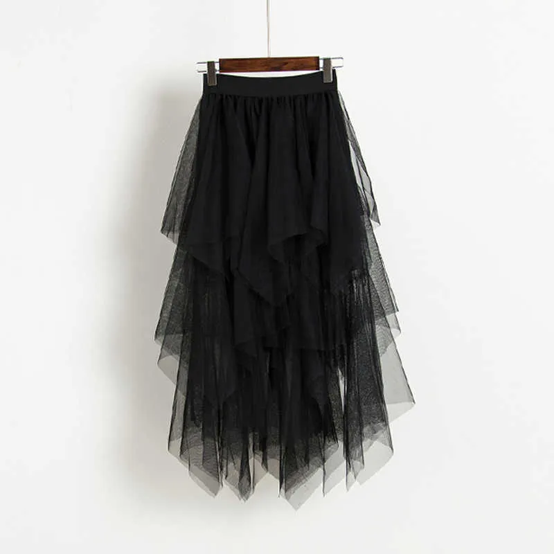 Ly varey lin tule rokken lente herfst vrouwen hoge taille mesh slanke zwarte casual zoom asymmetrische geplooide knie-lengte 210526