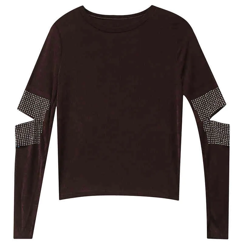 T-shirt di design Donna con diamanti sul taglio della manica T-shirt scavata in cotone magliette primaverili Basic T02408B 210421