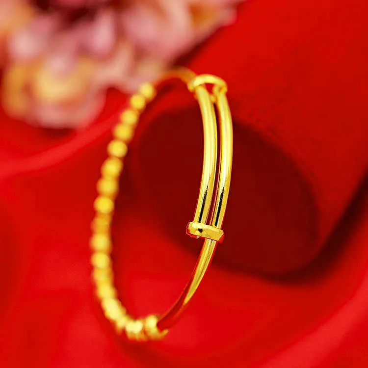 Retro Gold Color Bracelet for Mother Children Fine Jewelry Female Beads Push-pull Lucky Bracelet Thick Gold Birthday Gift Q0720