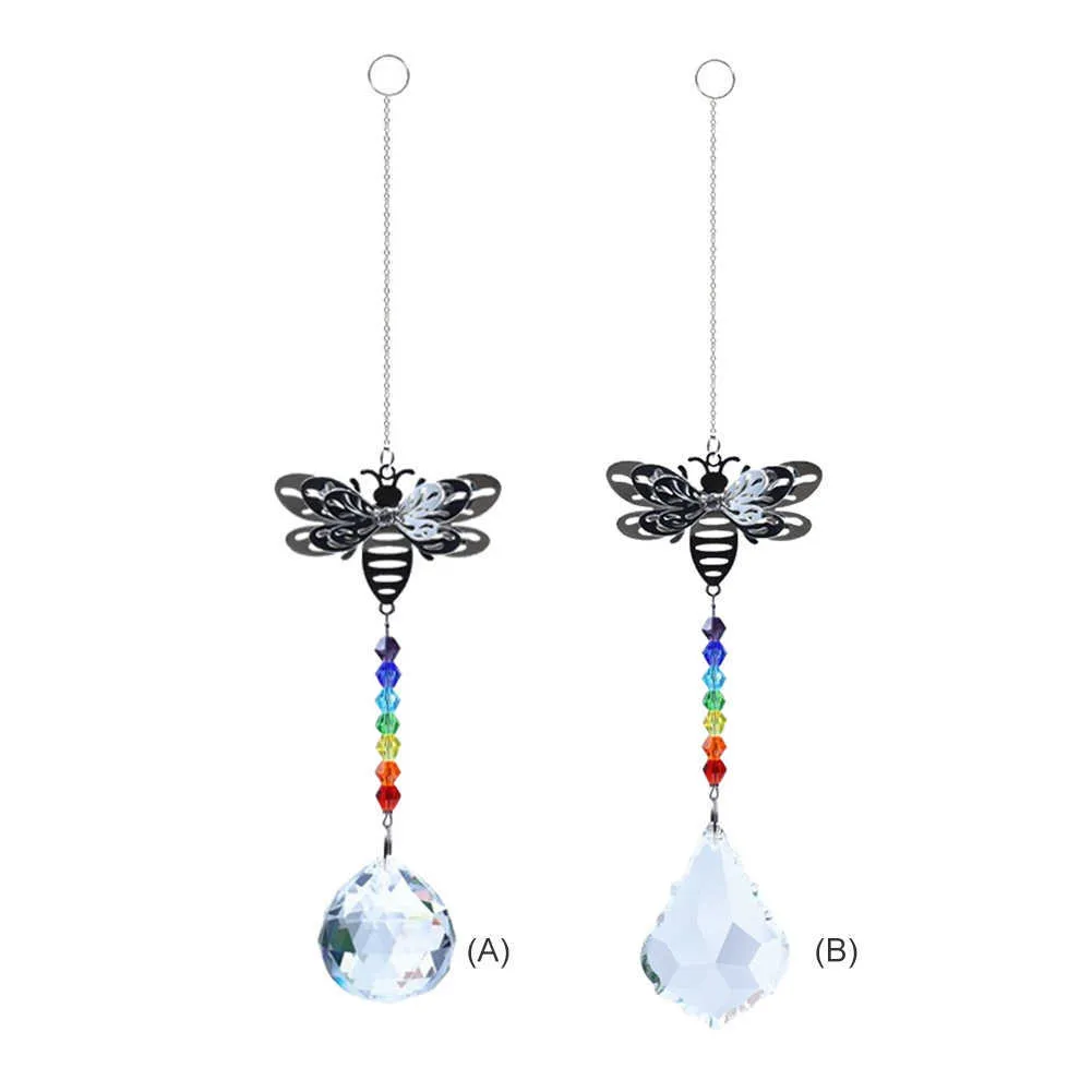 Metal Bee Crystal Sun Pendant Colorful Beads Hanging Drop for Outdoor Indoor Garden Window Wedding Chandelier DIY Decor Q0811