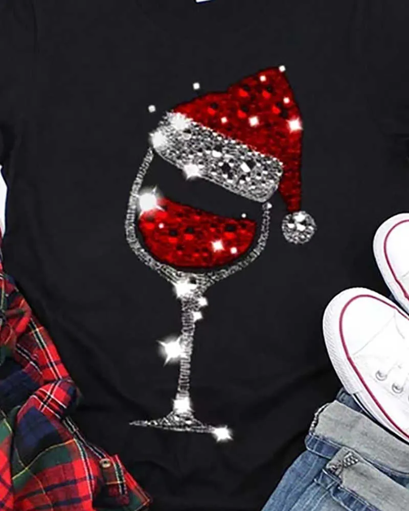 T-shirts décontractés Tee Tops T-shirt à manches courtes Chapeau de NoëlImprimer Verre à vin Imprimer Plus Size 3XL 2XLCasual T-shirt 210716