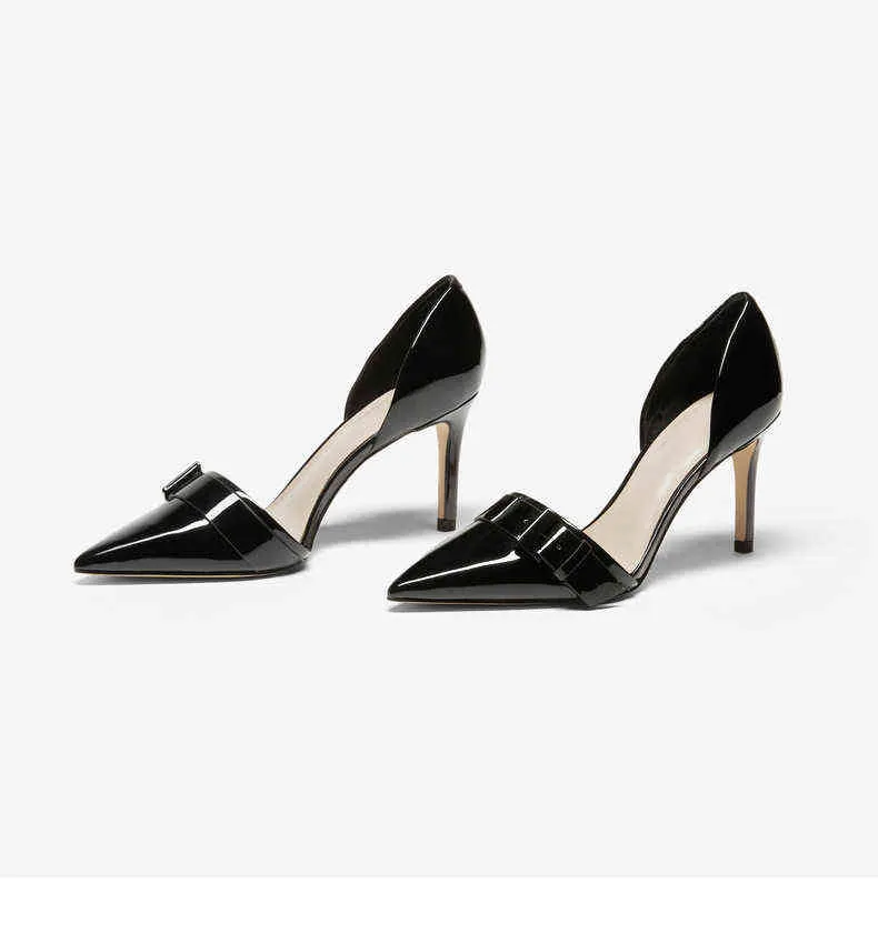 Женская обувь 2022 Весна и летняя лаковая кожа заостренные одиночные туфли Красный и черный Тонкий каблук высокие каблуки 7см