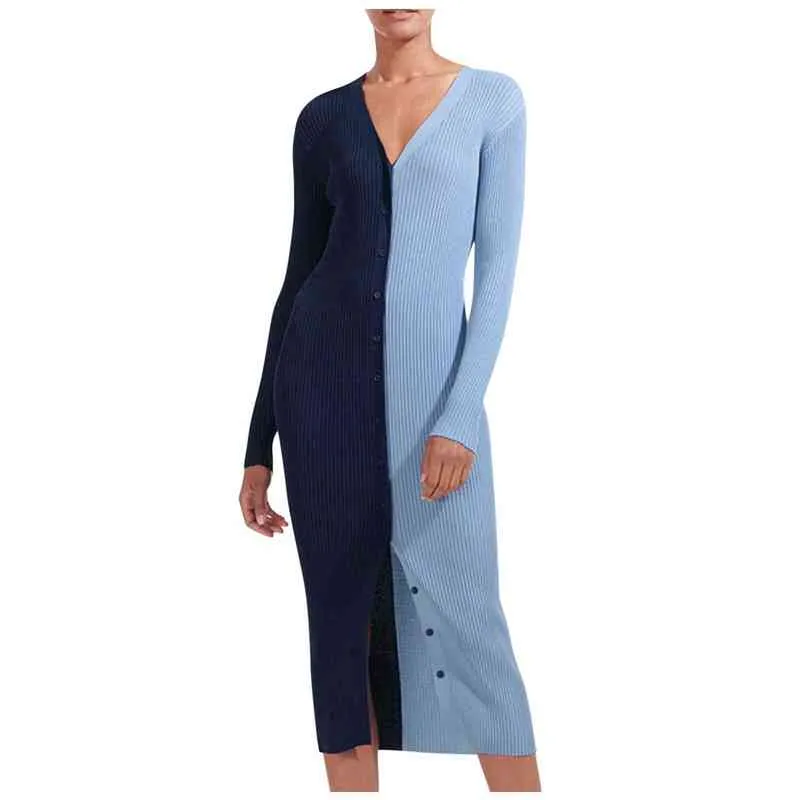 Womens Maxi Dress V Neck Temperament Color Matching Female Dress Button High Waist Long Dress Hem slit Dresses For Women Y1204