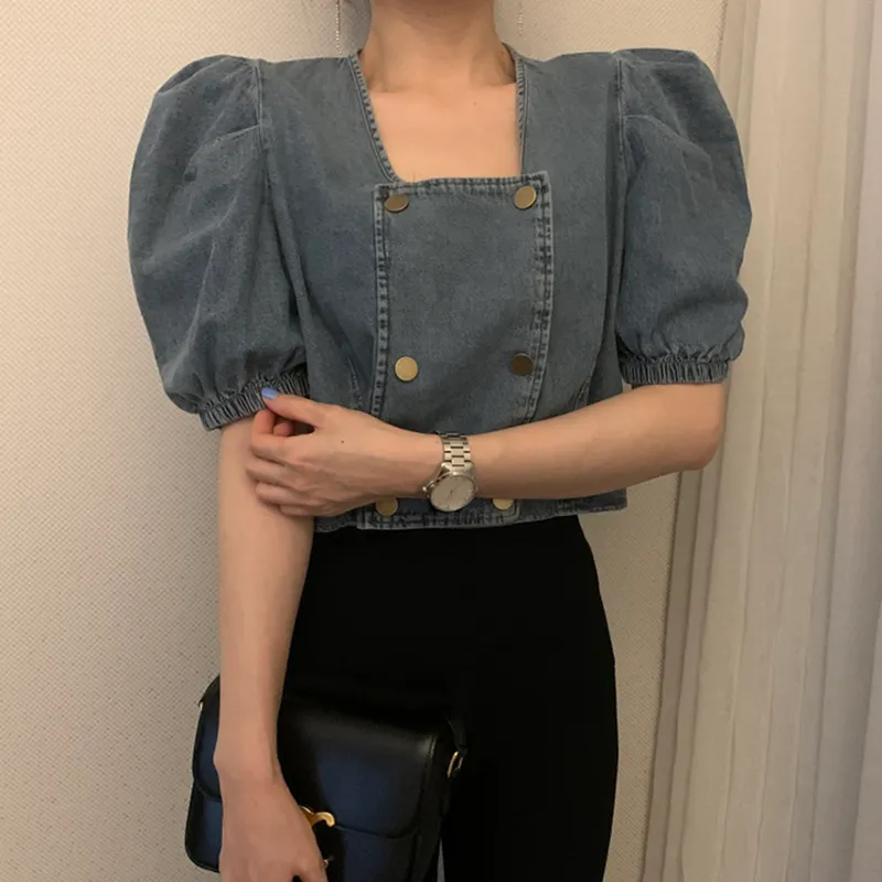 Femmes Blouses Manches Bouffantes Vintage Court Sexy Denim Sqaure Cou Blusas Mujer Coréen Lâche Chemises Tops 210415