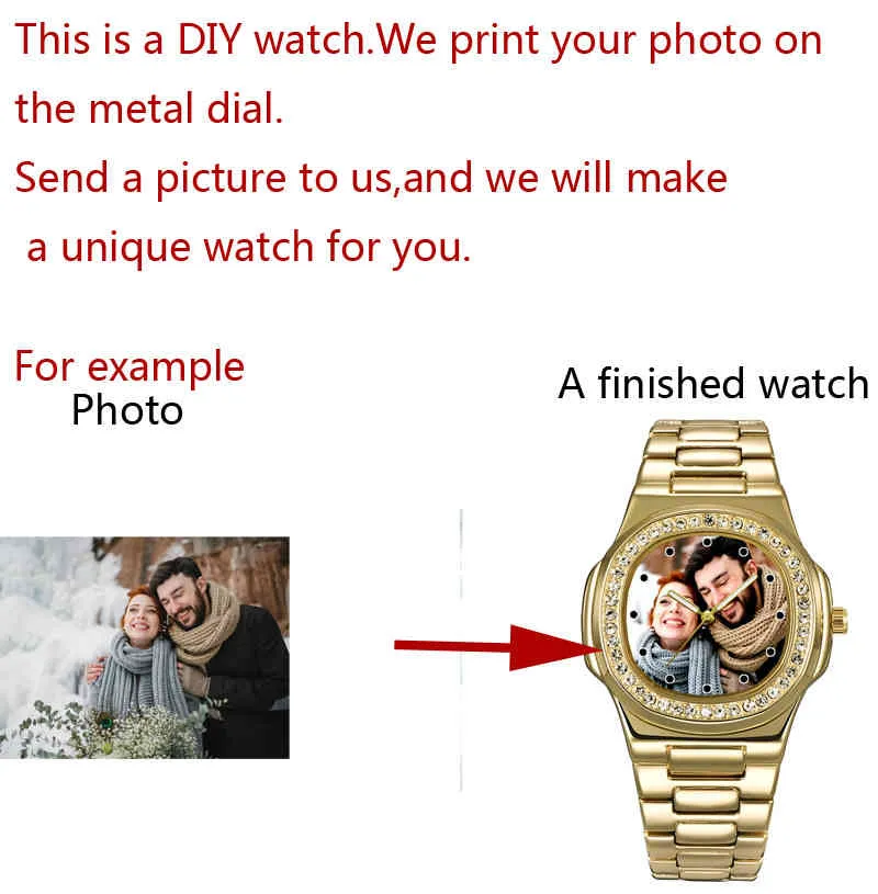 Mannen Gouden Kleur Rhinestone Custom Gezicht met Po Design Picture Horloges Gepersonaliseerde Horloge DIY Gift voor Mannen