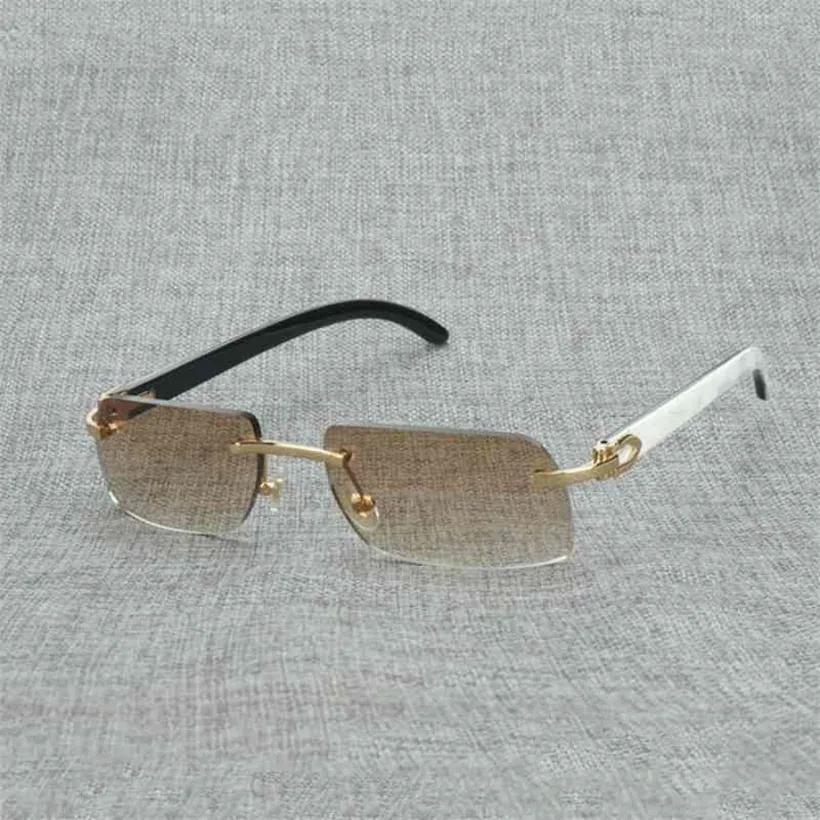 2024 Men's Luxury Designer Women's Sunglasses Vintage Square Wood Men Natural Buffalo Horn Outdoor Rimless Style Small Lens Shades White Black Temples