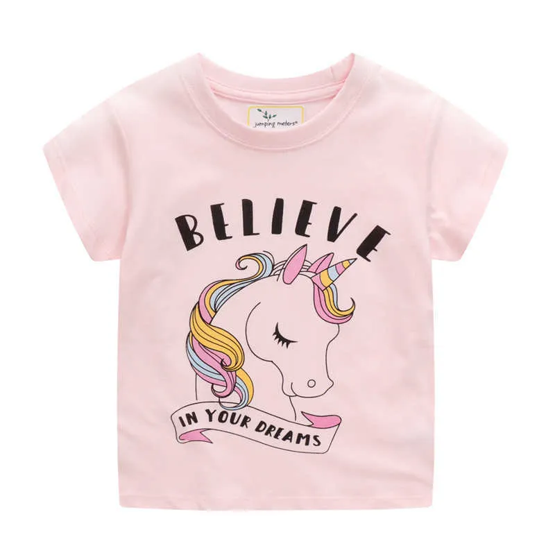 Jumping Meters Pink Unicorn Girls T-shirts Algodón de manga corta Bebé Casual Summer Tees Imprimir Ropa para niños Tops 210529