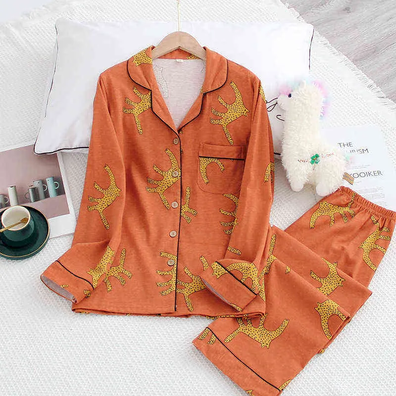 Japoński styl panie 100% bawełniany garnitur lampart drukuj spodnie z długim rękawem spodnie piżamy garnitur wiosna jesień zima służby domowej kobiety 211112