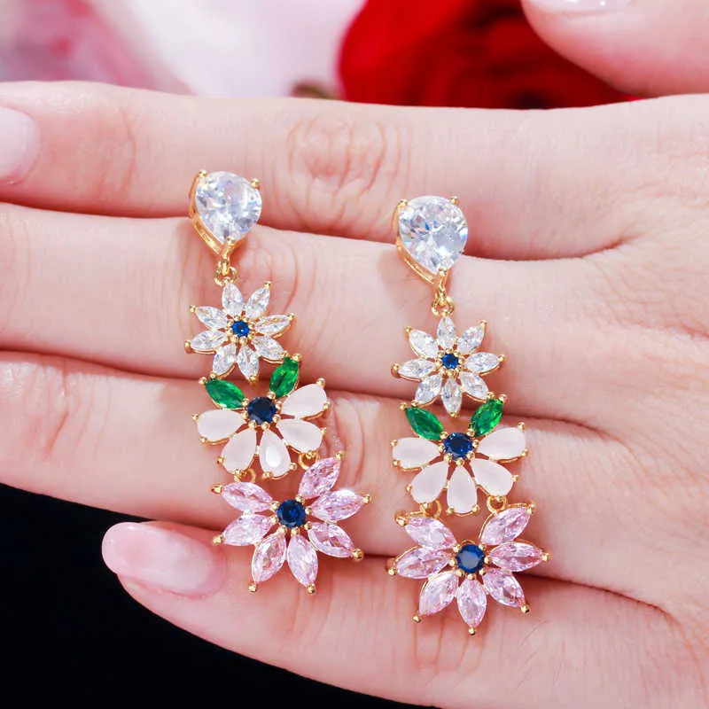 Wunderschöne rosa grüne Zirkonia Kristall lange baumelnde Tropfen Blume Blatt Ohrringe Mode Frauen Schmuck CZ615 210714
