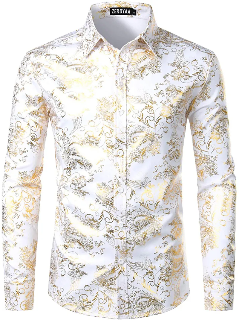 Erkek lüks paisley çiçek altın parlak baskı gömlekleri camisas şık ince uzun kollu elbise gömlek için parti balo gösterisi erkek giyim 220222