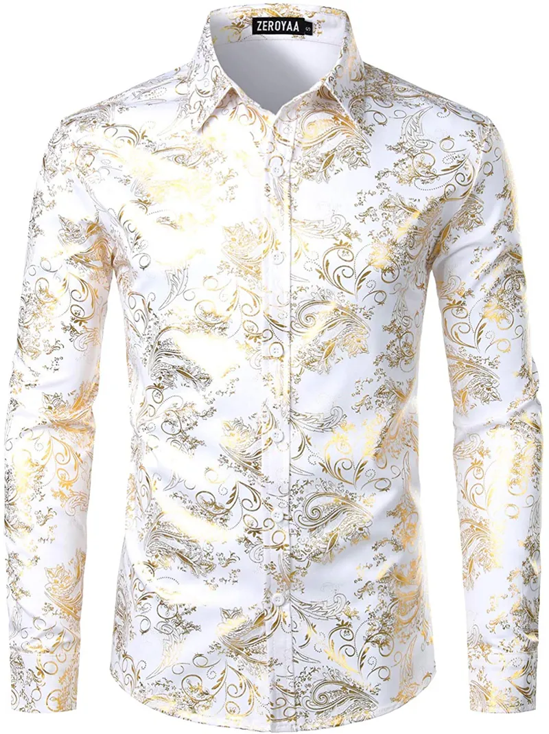 Hommes luxe Paisley Floral or brillant imprimé chemises Camisas élégant mince robe à manches longues chemise pour fête bal spectacle hommes vêtements 220222