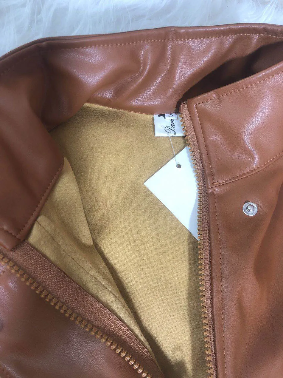 Darmowa Moda Kobiety Zipper Kombinezon Faux Leather Stand Collar Długi Rękaw Belt Motocykl 210524