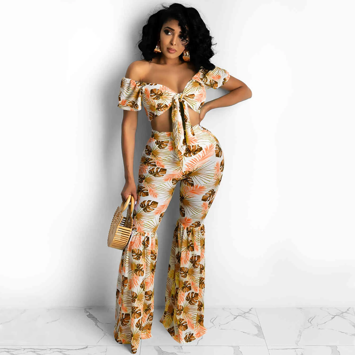 Two Piece Set Women Printed Bandage Off Shoulder Sexy Corset Top+Wide Leg Flare Pants Suits Summer Fashion Tracksuit Outfits 210517