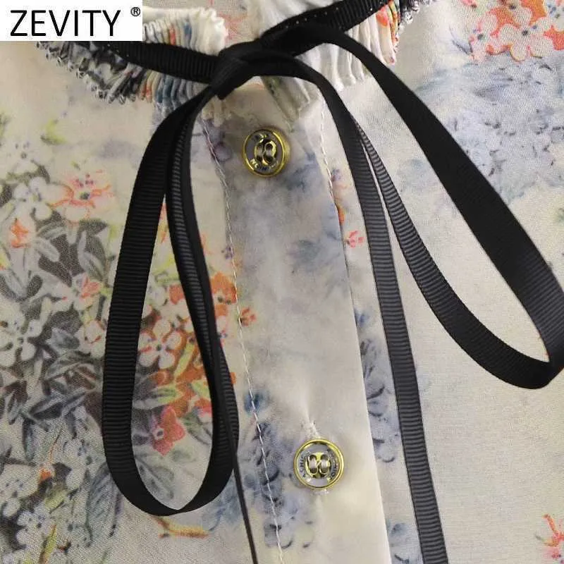 Zevity femmes doux imprimé fleuri presse plissé volants noir à lacets chemise dame à manches longues en mousseline de soie Blouse Roupas Chic hauts LS9044 210603