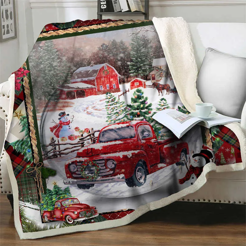 Cobertores de caminhão vermelho 3d cobertor de sherpa de desenhos animados engrossar quente super macio flanela de escritório cochilo cobertor feliz natal sofá cama 211019
