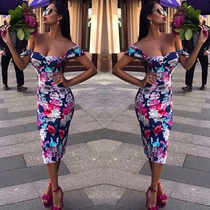 Femmes Robe Boho Vacances Off-the-Shoulder Bodycon Floral Print Maxi Elegant Ladies Beach Party Bag Hip Short Sleeve Clubwear 210522