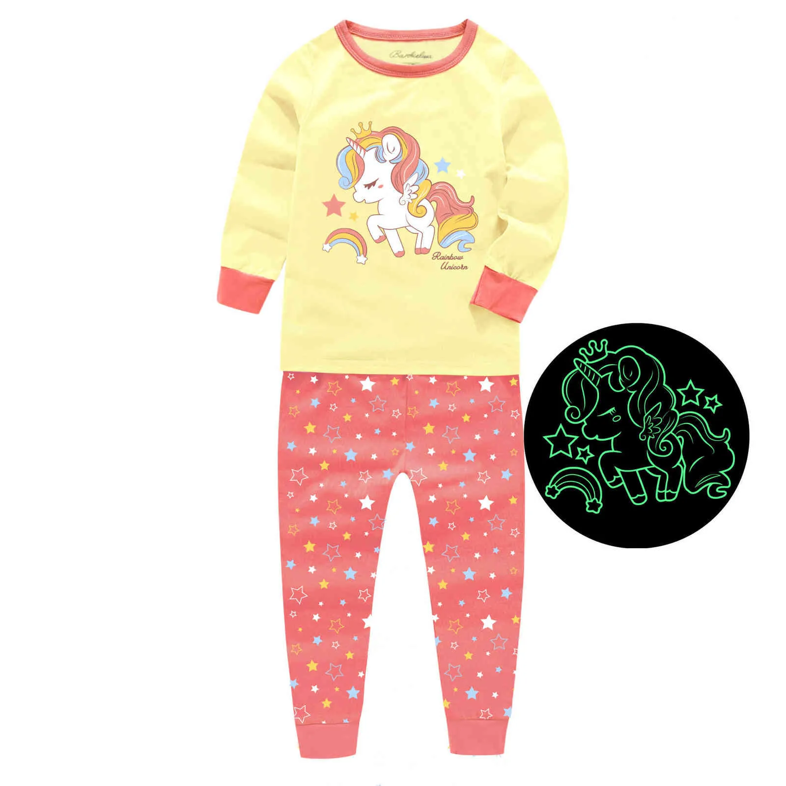 Licorne Pijama Enfants Coton Pyjama Set Cartoon Pyjama Vêtements Automne Enfants Pjs Bébé Glow dans le noir pour Teen Girls Home Suit 211109