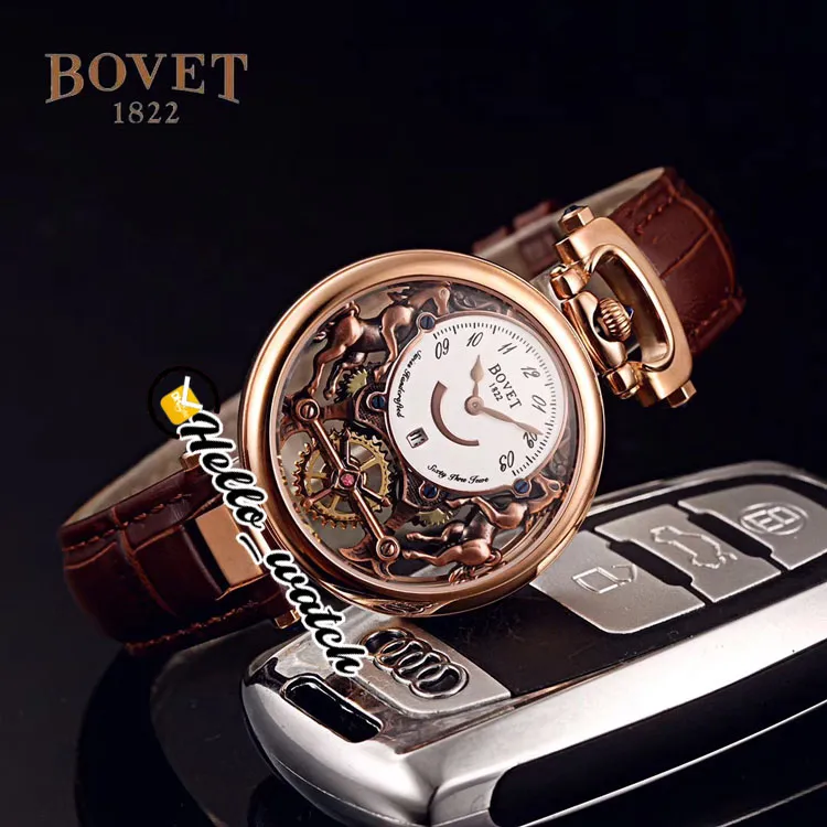 40mm Bovet 1822 Tourbillon Amadeo Fleurie Relógios Quartz Mens Watch Caixa de Ouro Amarelo Mostrador Esqueleto Pulseira de Couro Marrom HWBT Olá 329M