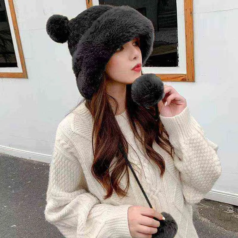 Black Wool ball Russsian Snow Winter Fluffy Plush Thick Fur Hat Faux Fox Furry Cap Head Warmer Outdoor Headgear Women Girl Men Y21111