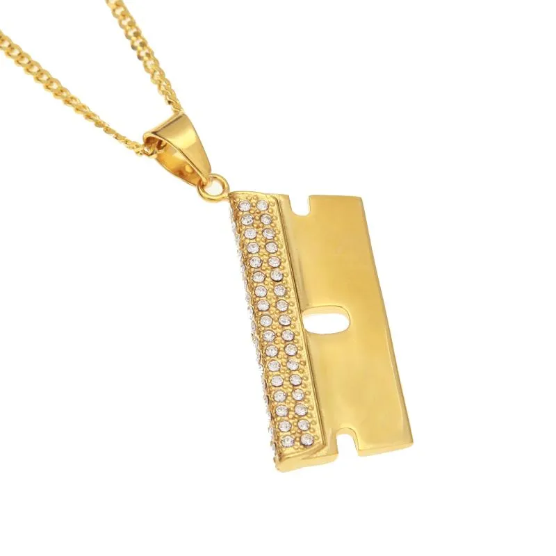 Anhänger Halsketten Edelstahl Gold Farbe Hip Hop Rasierklinge Halskette aus Strass Herren Charm Schmuck 3mm 24 Zoll kubanische Kette2671