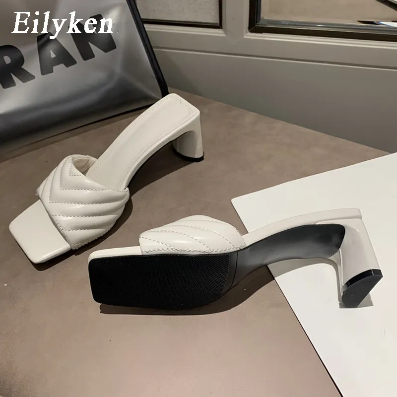 Eilyken, zapatillas elegantes a la moda para mujer, sandalias de punta cuadrada de cuero PU sólido y acogedor de alta calidad, zapatos de vestir de fiesta de tacón bajo para mujer HWS323