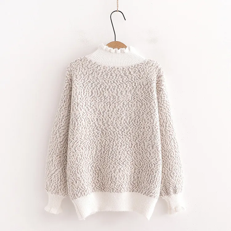 H.SA Autumn Winter Half Turtleneck Knitted Jumpers Soft Warm Cartoon Bear Embroidery Sweater Tops Patchwork Pull 210417