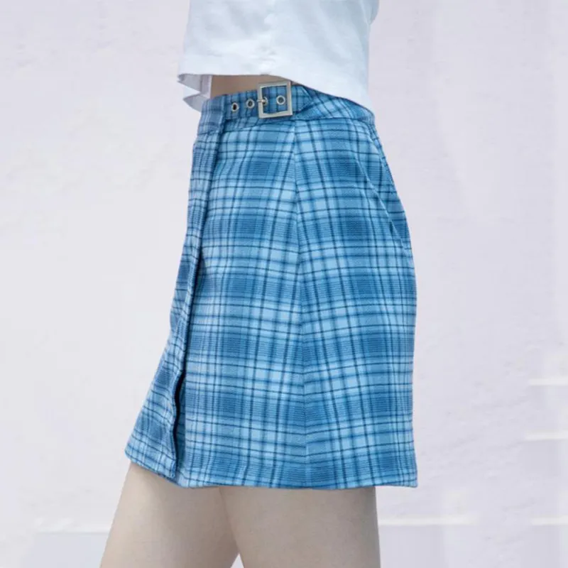 plaid vintage belt women chic streetwear check mini high waist checkered a line blue skirt 210415
