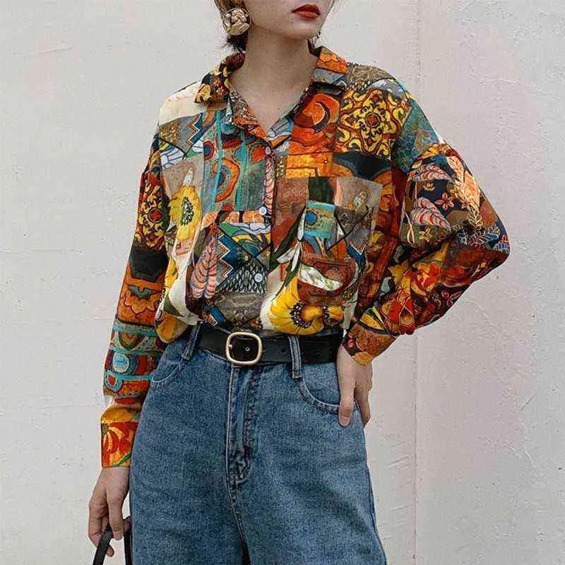 Dames Retro Sunflower Print Shirt Olieverfschilderij Design Blouse Meisje Losse revers Tops en Blouses 2020 Nieuwe H1230