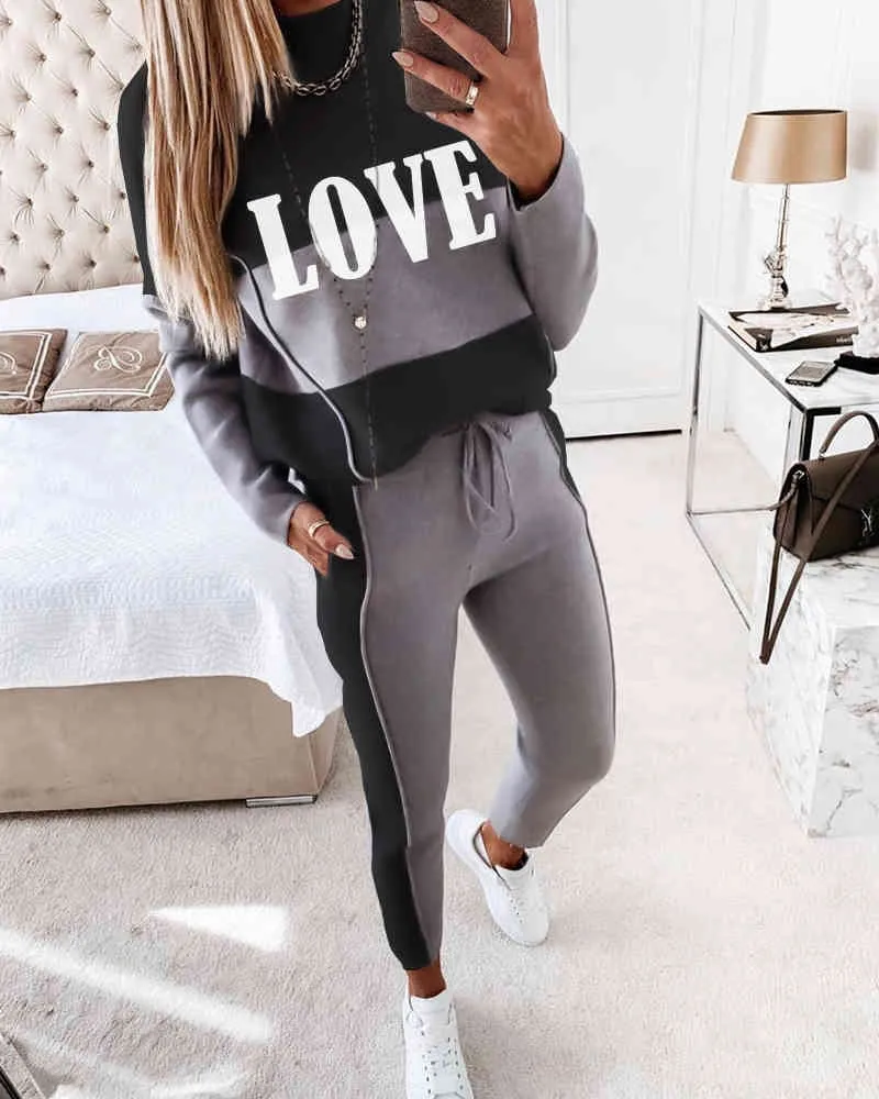 Lente Trend Casual Print O Neck Lange Mouwen Top DString Broek Twee Stukken Set Gym Workout Wear Dames Trainingspak Sportkleding X0428