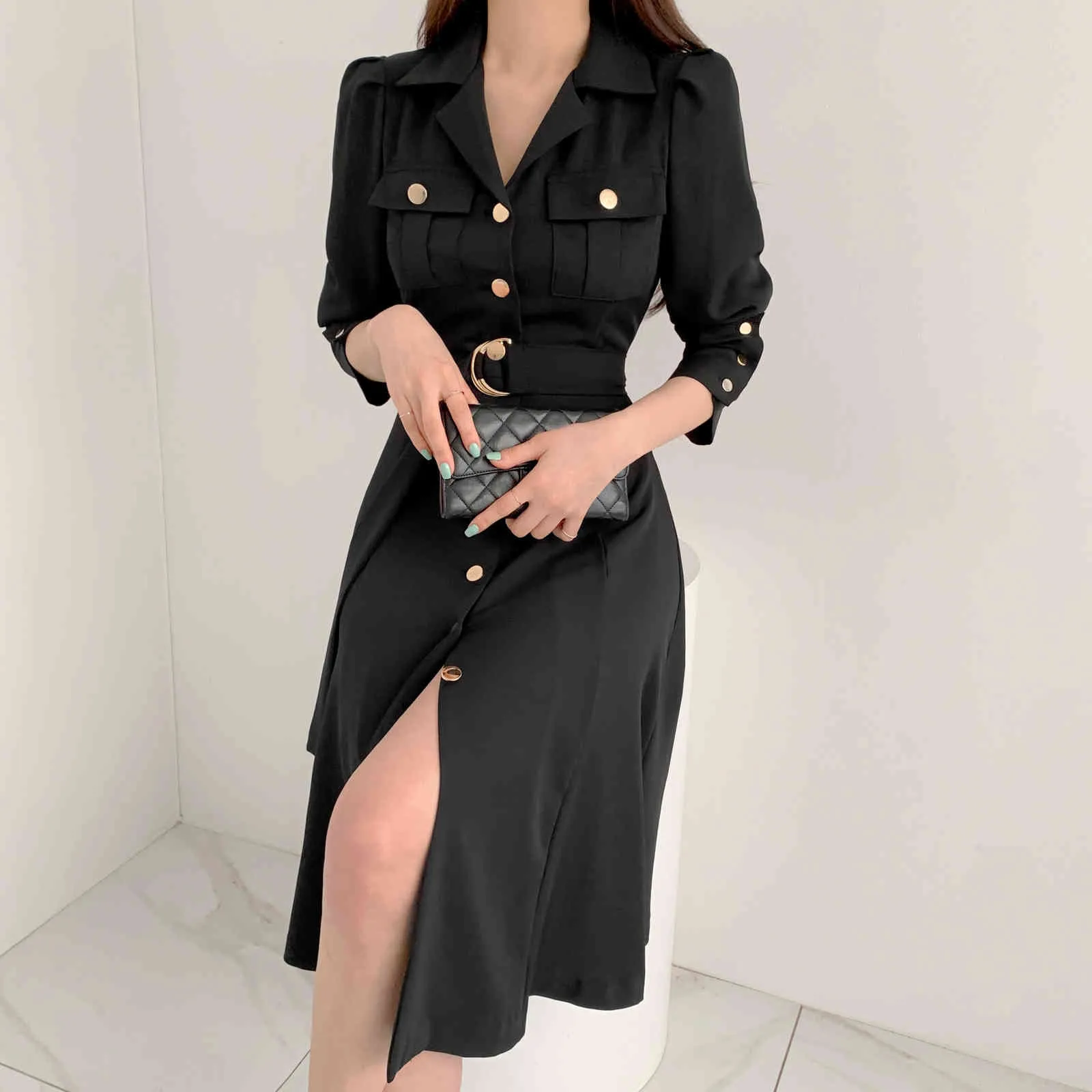 Elegancka jednopierierska klapa Kobiety MIDI Dress Moda Z Długim Rękawem Rozwiązywany Slim Talii Kobieta Sukienka Workwear Vestidos 210518