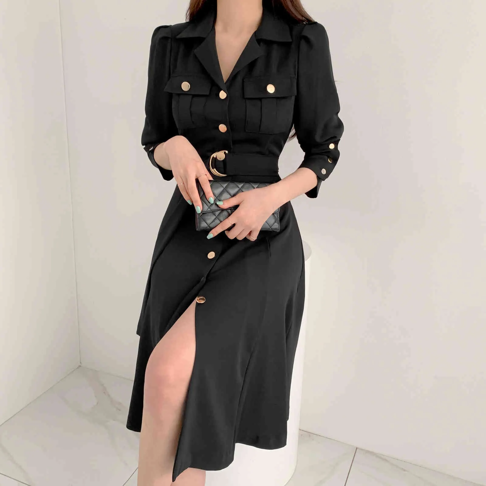 Elegant Single-Breasted Lapel Women Midi Dress Fashion Long Sleeve Belted Slim Waist Female Dress Workwear Vestidos 210518