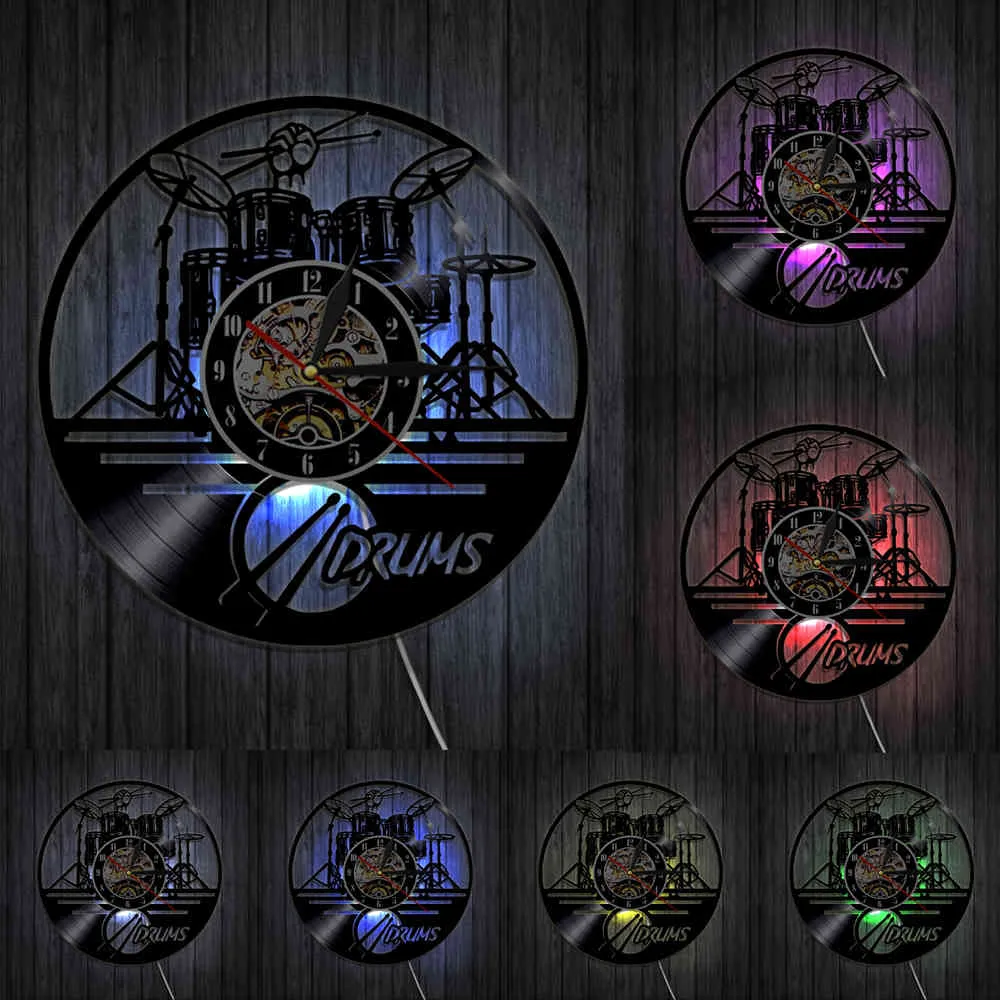 Гитарные барабаны Set Silhouette светодиодная подсветка Reloj Music Modern Watch 3D Wall Clock Участник группы Horloge Band Fansmade подарок 2104011894800