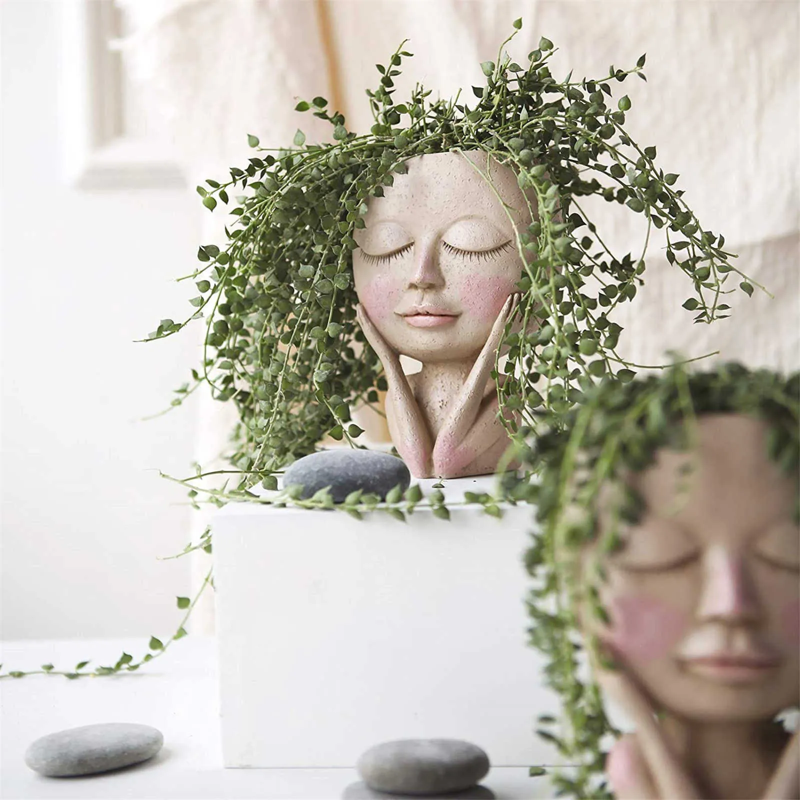Mädchen Gesicht Kopf Blume Pflanzer Sukkulente Blumenbehälter Topf Blumentopf Figur Garten Dekor Nordic Tabletop Ornament H5 210615
