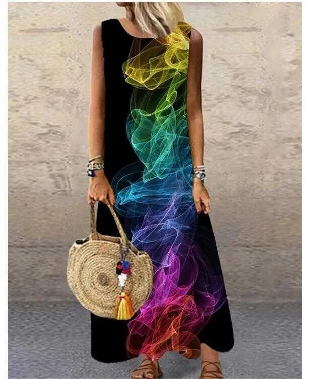 Sundress Women Summer Dress 2021 Sexy Elegant Dress Casual O Neck Loose Sleeveless Printed Floral Long Maxi Dresses Y1006