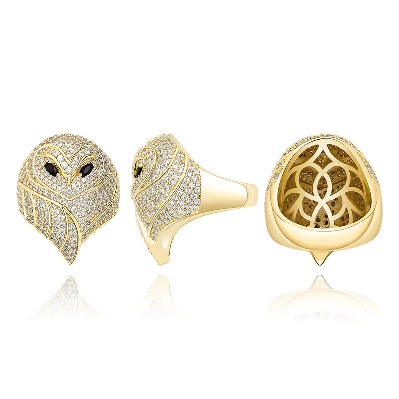 Mode Hip Hop Herr Smycken Ring Owl Iced Out Ring Zircon Hiphop Guld Silver Ringar