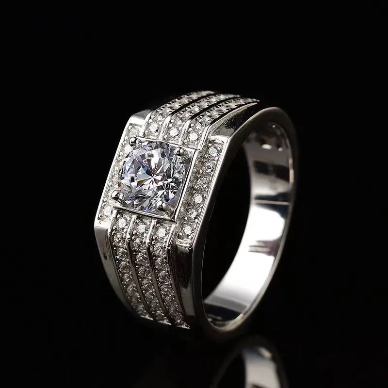 Luxury Diamond Men039S Moissanite Gemstone Wedding Ring 925 Sterling Silver Platinum Plated 12CT5923389