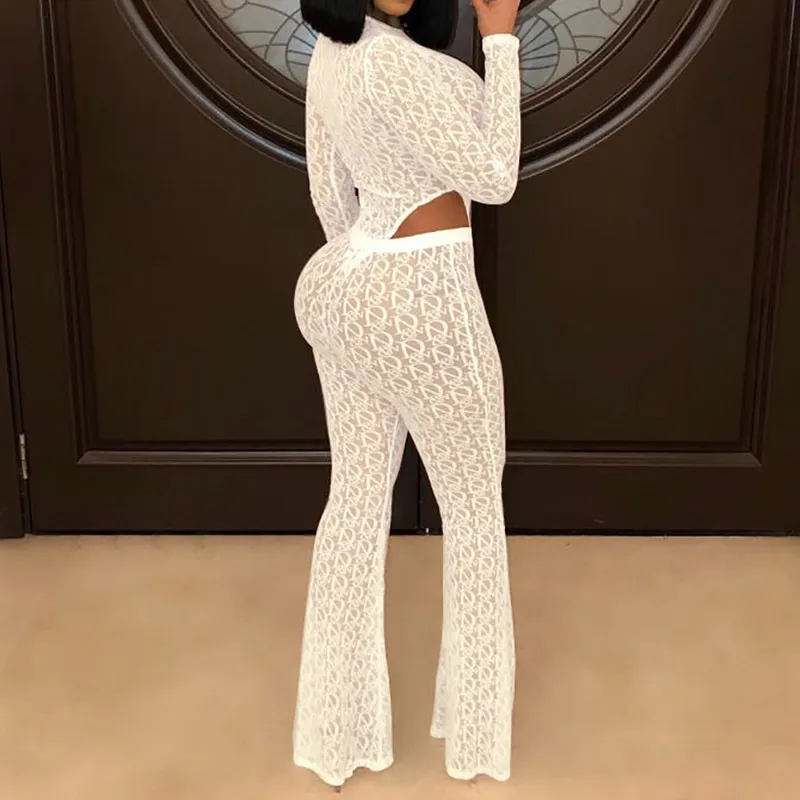 Mesh See-through Printed Set O-neck Long Sleeve Bodysuit Tops + Bandage Flared Pants Skinny Outfits Suits Party Club Wear 210517