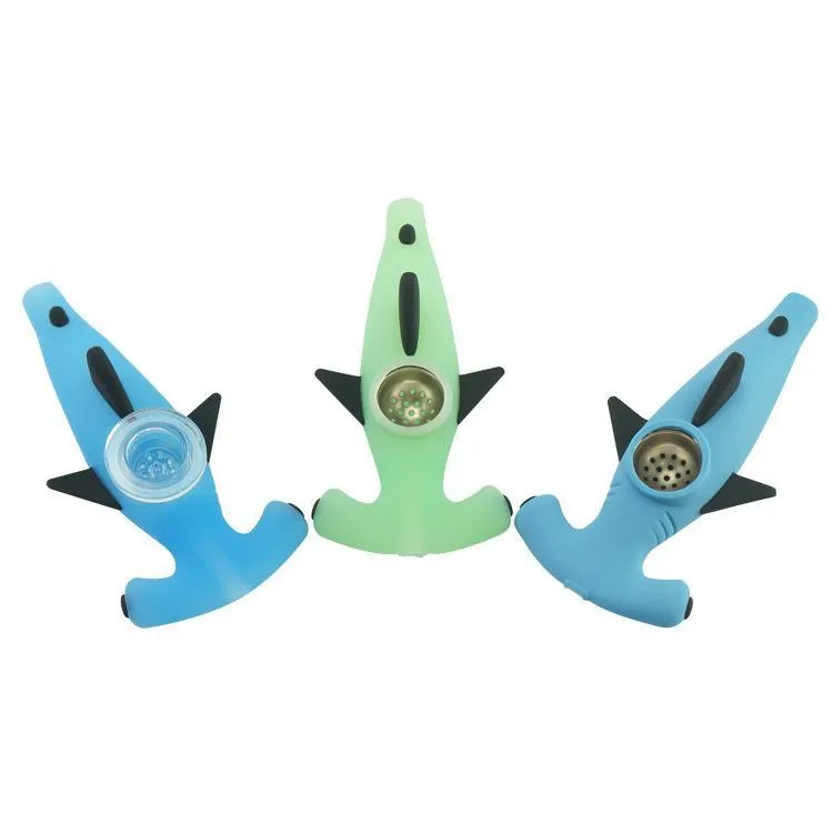 Whole Shark Green Blue Silicone Pipes Unique Design Smoking Pipe Dab Oil Burner Hand Spoon For Tobacco hookah6964892