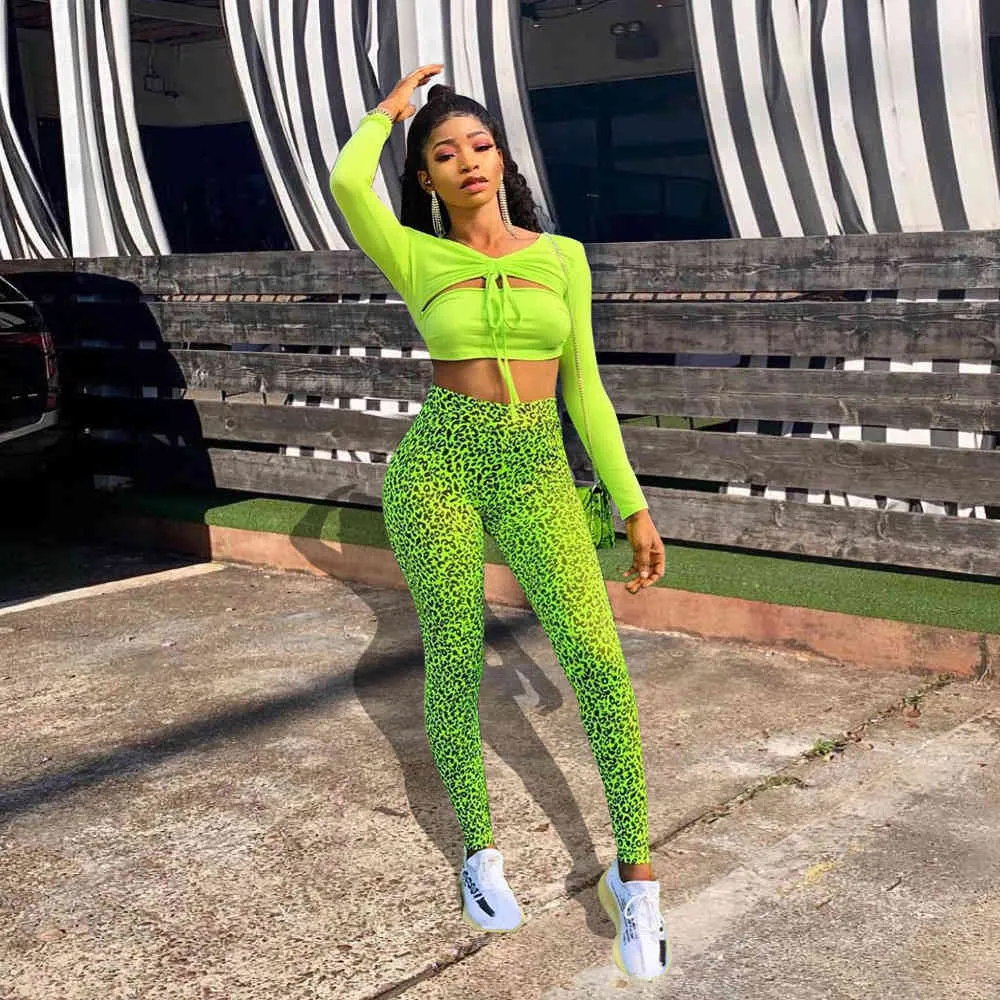 Donne di stile punk autunno skinny neon verde manica lunga crop top + pantaloni leopardati abiti a due pezzi tuta casual set femminili 210517